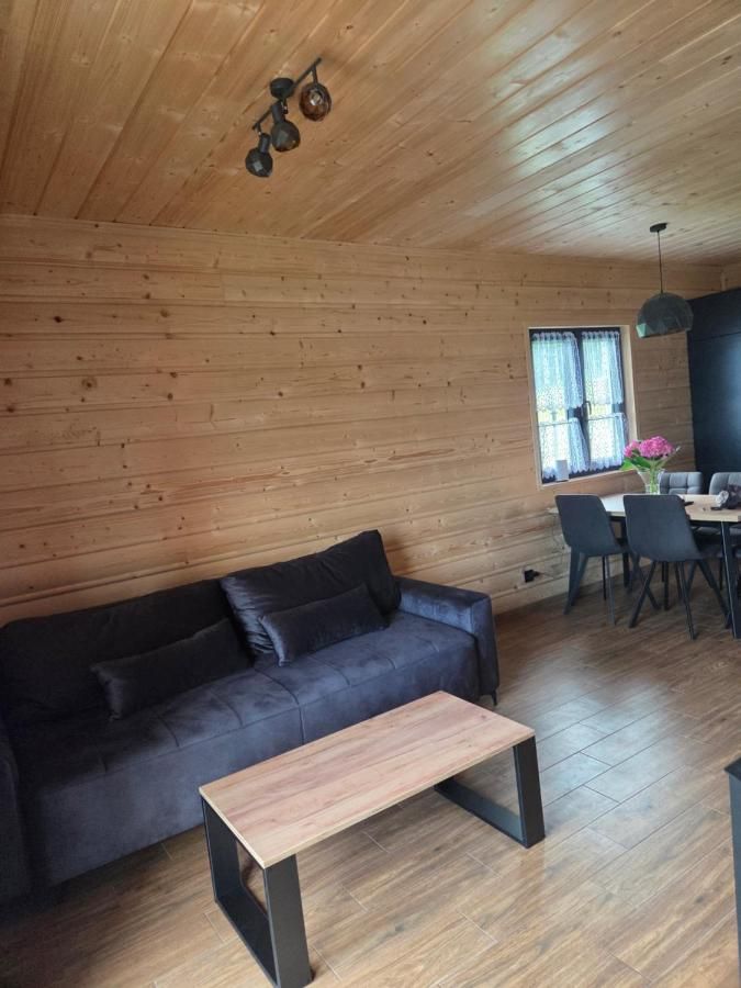 Salon z kanapą i stolikiem, dalej jadalnia przy oknie